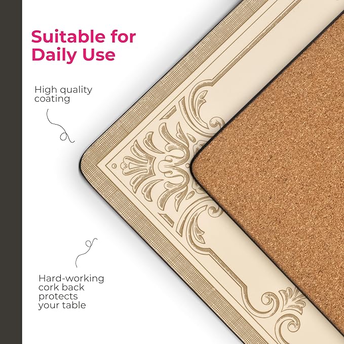 Pimpernel Fleur de LYS Set of 4 Placemats (15.7" x 11.7") – Rectangular Cork-Backed Boards with Decorative Art Print & Lacquer Surface, Heat & Stain Resistant Table Protection