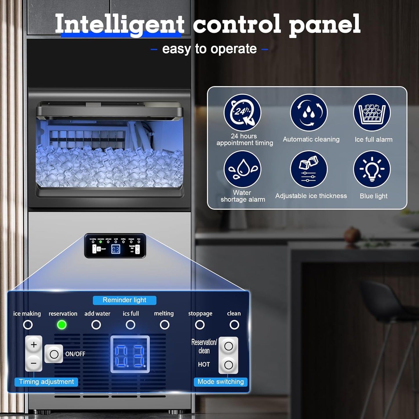 Commercial Ice Maker Machine 100LBS/24H with 20LBS Ice Storage, Stainless Steel Freestanding/Undercounter Ice Machine 36Pcs Ice with Two Water Inlet Modes Self-Cleaning for Homes Restaurants Bars