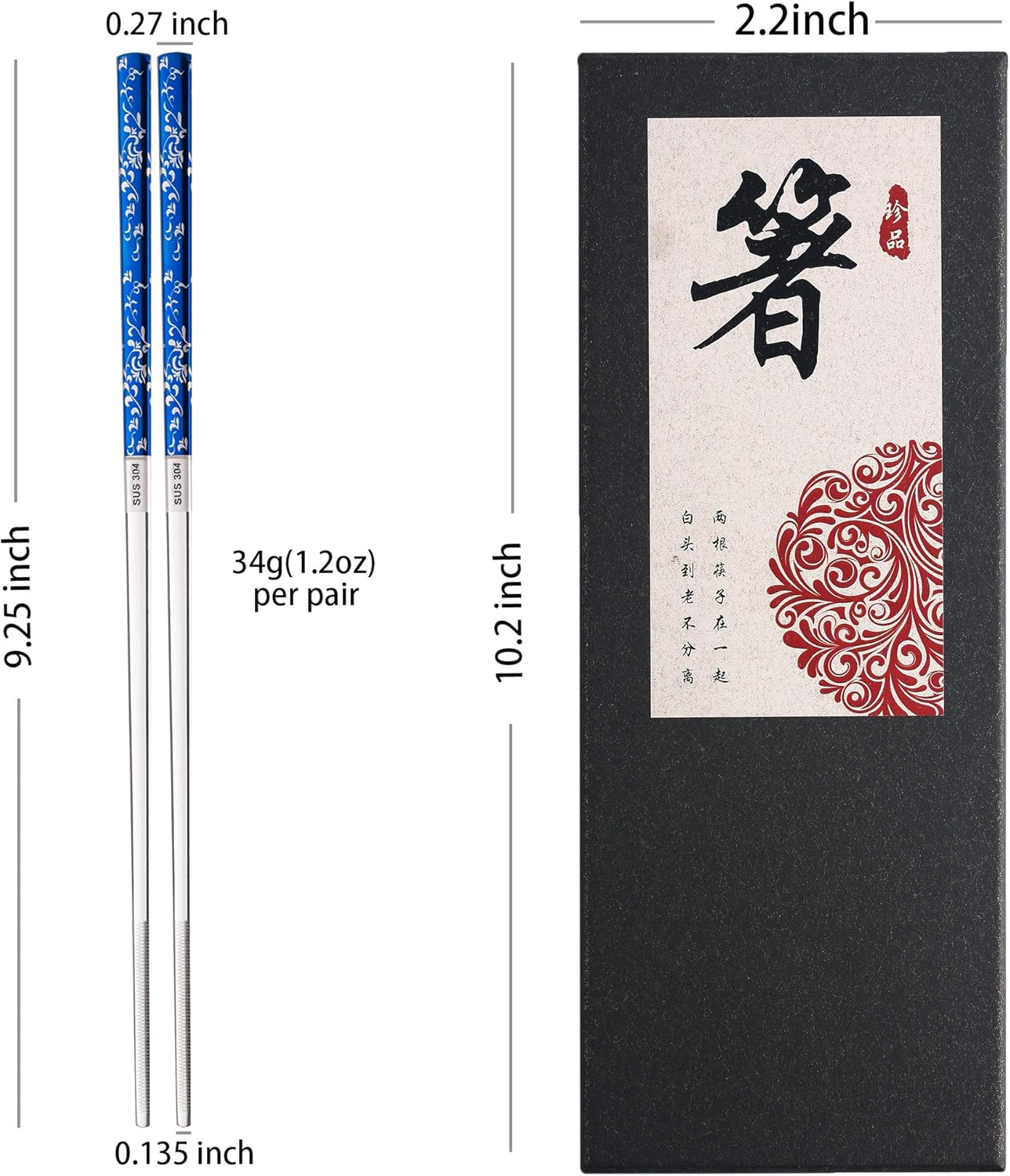 Titanium Plated Chopstick Stainless Steel Chopsticks Metal Chopsticks Reusable Dishwasher safe Premium Laser Engraved Chop Sticks for Eating 2 Pairs Gift Set Blue Silver