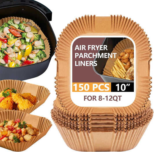 UBeesize 10 Inch Air Fryer Paper Liners,150 PCS Parchment Paper, Air Fryer Disposable Paper Liner for Microwave, Non-Stick Air Fryer Liners Square Free of Bleach （Bottom size 9 Inch）