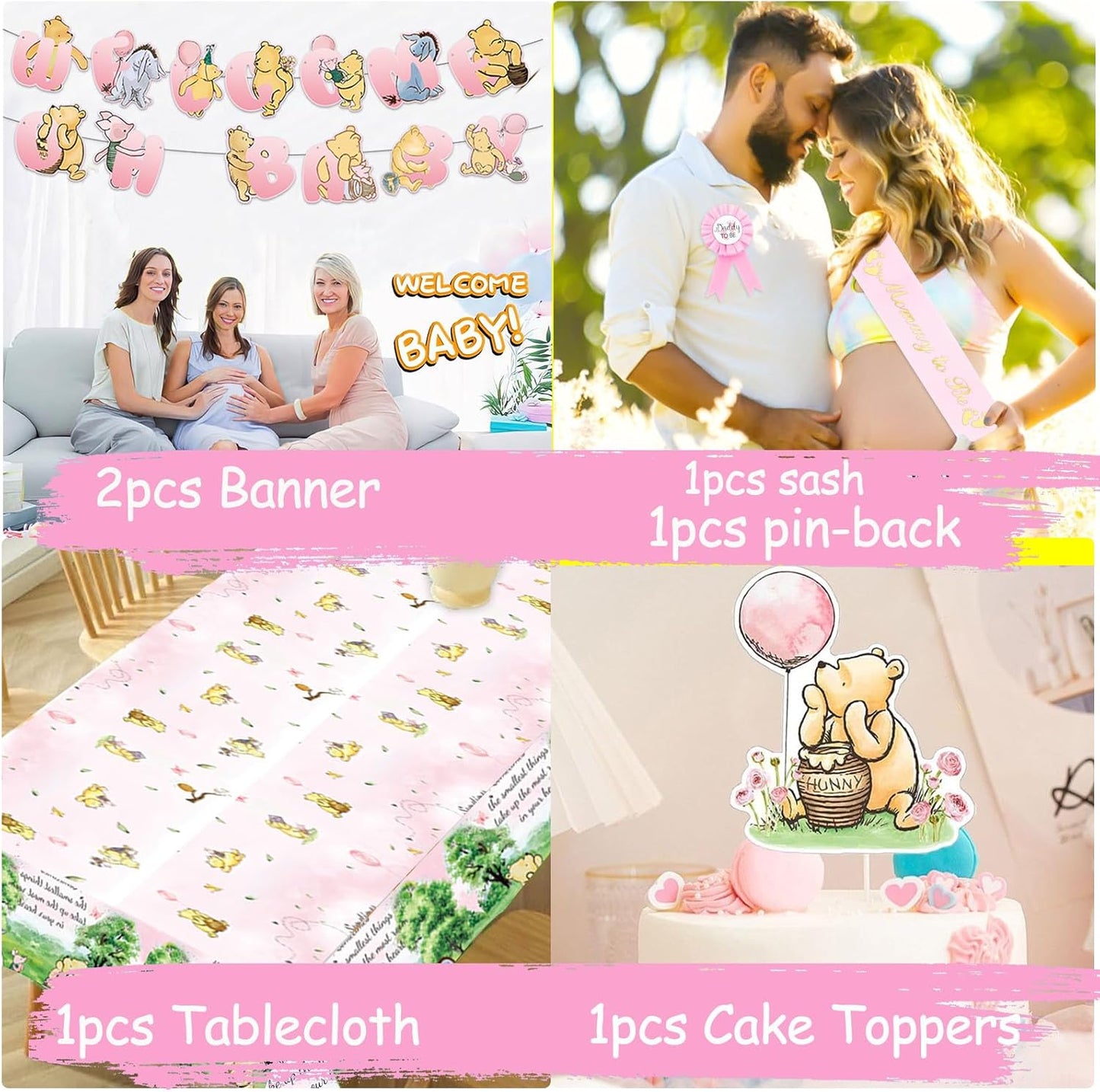 Pink Classic Winnie Baby Shower Decorations Kit, All-in-1 Vintage Winnie Party Supplies Decorations, Classic The Pooh Backdrop Cake Topper, Winnie Baby Tablecloth Honeycomb Decorations for Baby Shower