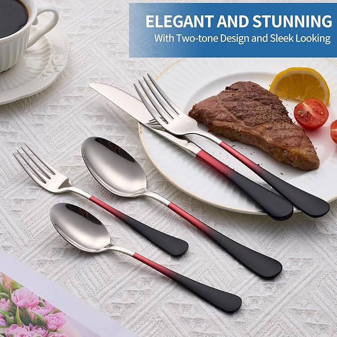 20-Piece Black Red Silverware Set, 18/0 Stainless Steel Colorful Handle Flatware Set,Service for 4,Modern Cutlery Set Includes Dinner Knives Forks Spoons,Mirror Polished,Dishwasher Safe