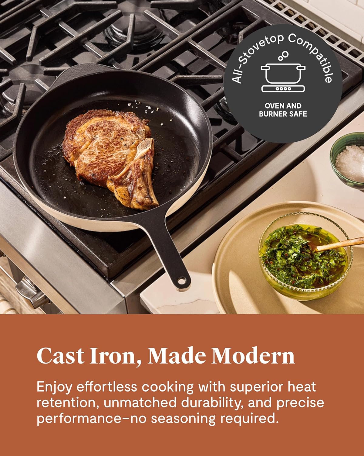 Caraway Cast Iron Skillet - 12” Enameled Cast Iron Pan With 3 Layer Enamel Coating - No Seasoning Required - Compatible With All Stovetops - Free From Forever Chemicals - Cream
