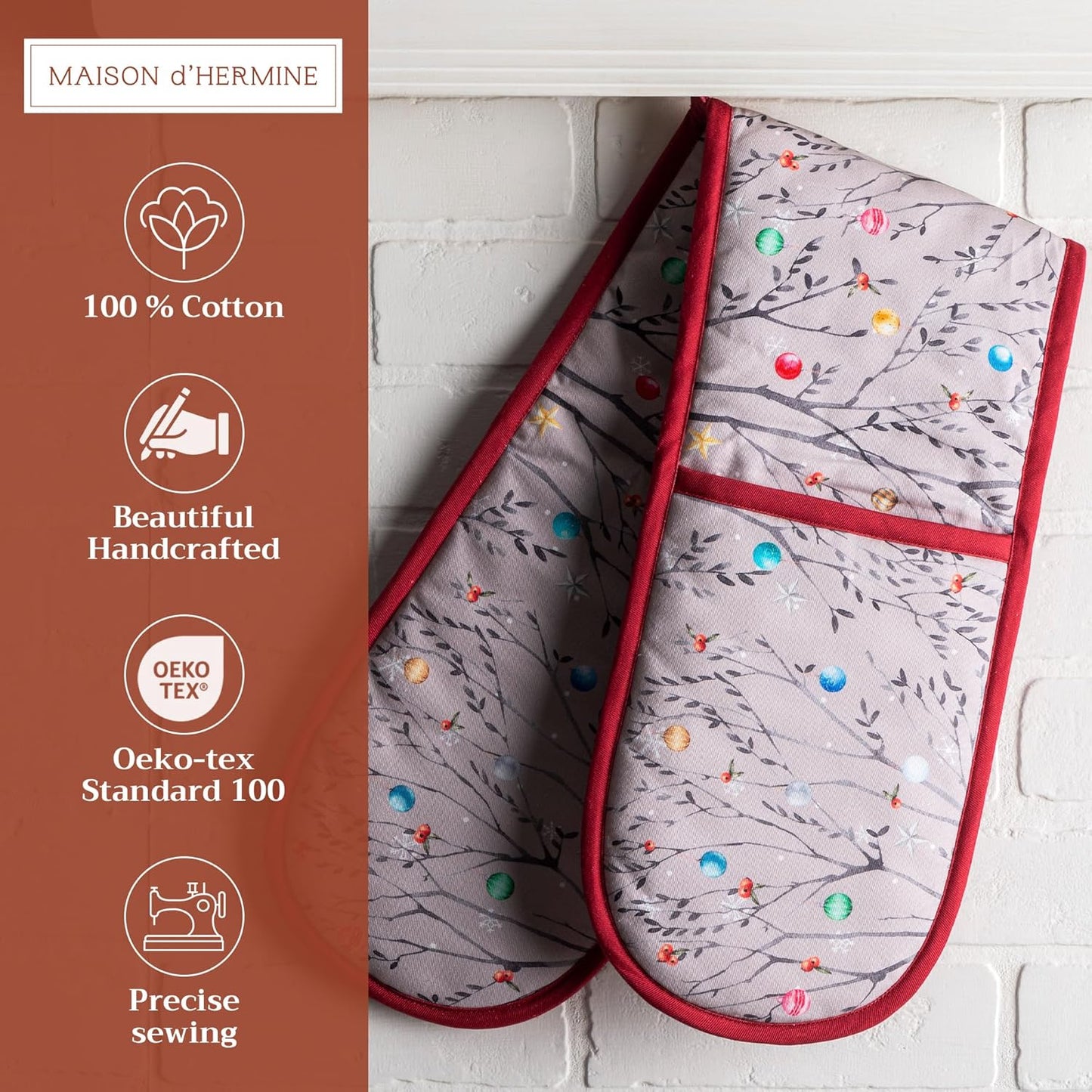 Maison d' Hermine Double Oven Mitt 100% Cotton Heat Resistant Cooking Gloves with Loop, Baking Barbeque, Handling Hot Pan, Fairy Christmas - Thanksgiving/Christmas (7 Inch x 35 Inch)