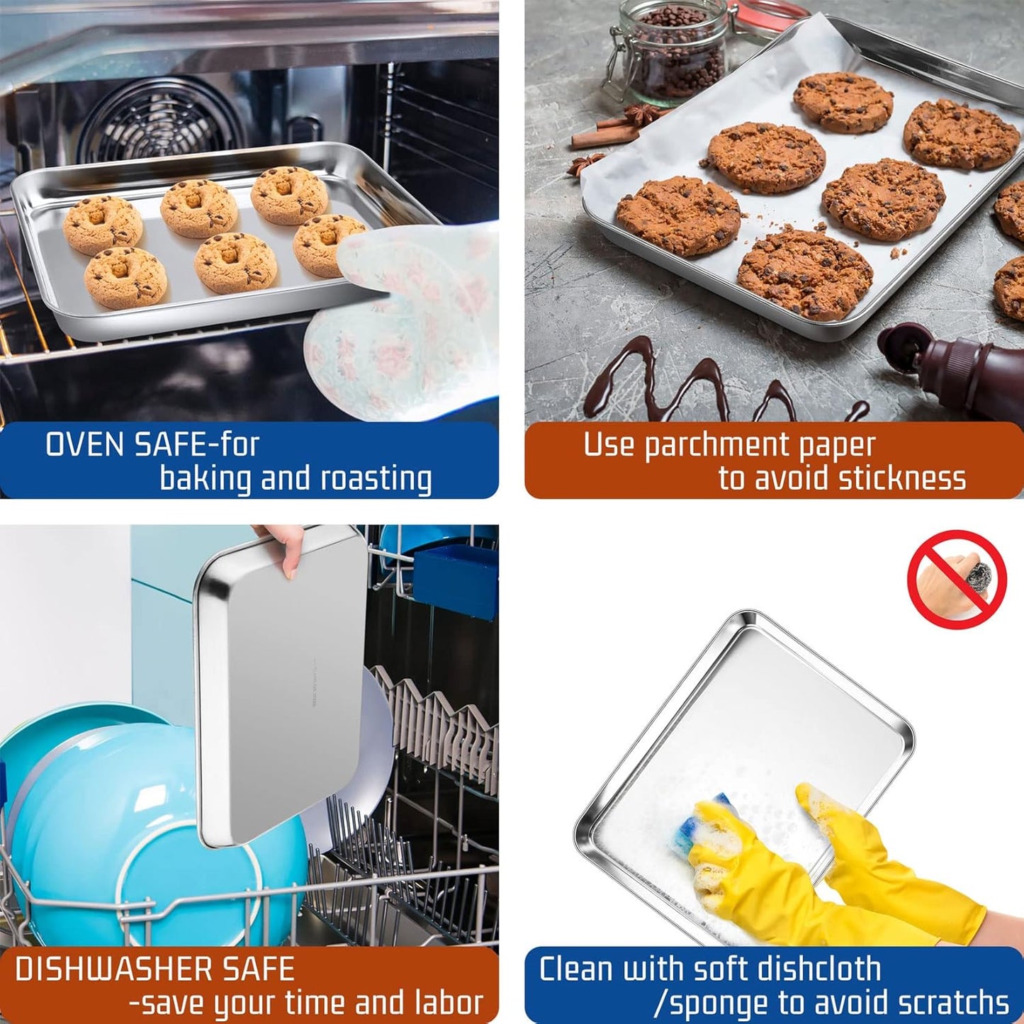 P&P CHEF 9 Inch Baking Cookie Sheet, Oven Pan Tray Stainless Steel Sheet Pan for Kitchen, Oven Bakeware for Multi Uses, Shiny Look & Dishwasher Safe, Healthy & Heavy Duty, 2Pcs