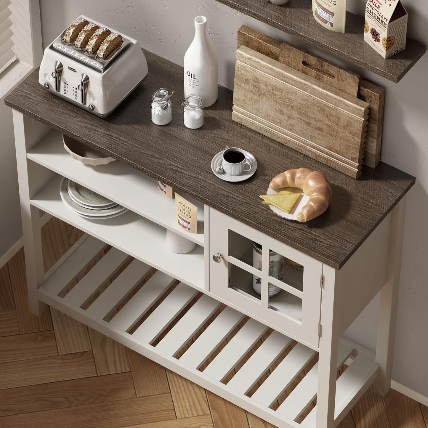 ChooChoo Farmhouse Coffee Bar Cabinet, Buffet Cabinet with Storage, Sideboard Buffet with Glass Door, Console Table for Kitchen, Hallway, Entrance, White