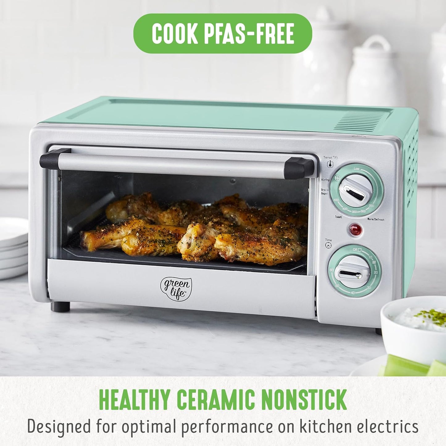 GreenLife Countertop Toaster Oven Air Fryer Stainless Steel, Healthy Ceramic Nonstick, PFAS and PFOA-Free, Tray & Basket, Bake, Broil, Reheat, Adjustable Temp & Time Control, Auto Shutoff, Turquoise