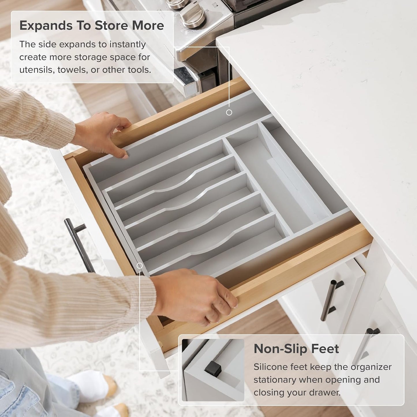 Premium Silverware, Flatware and Utensil Organizer for Kitchen Drawers, Food-Safe Contract Grade, Expandable from 10.5 to 19 In, Gray Bamboo