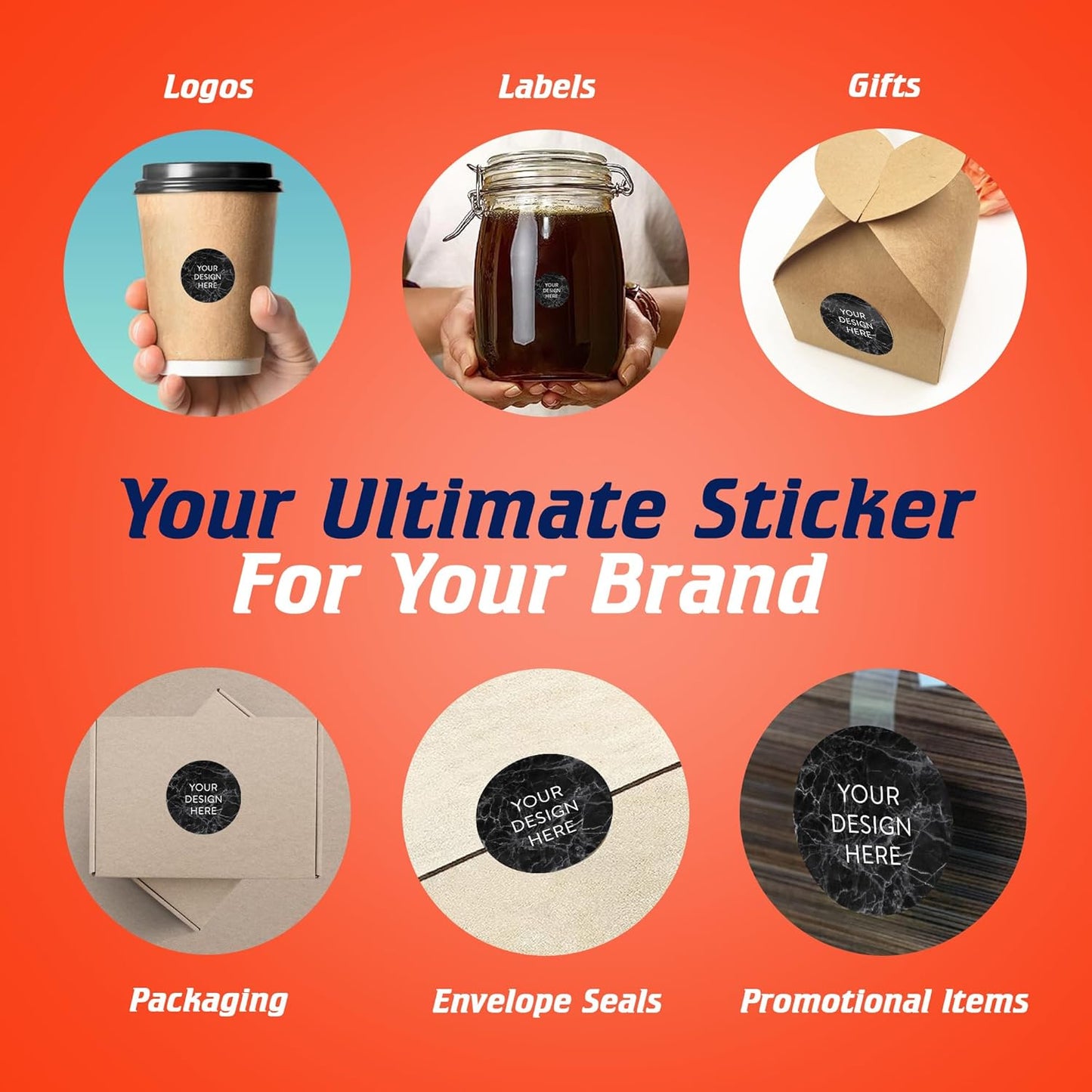 100 Custom Vinyl Stickers - Upload Your own Image, Text, Design, Logo - Personalized Logo Labels for Handmade, Packaging, Bottle, Jars, Candle, Brand Stickers (Black Marble, 1x1)