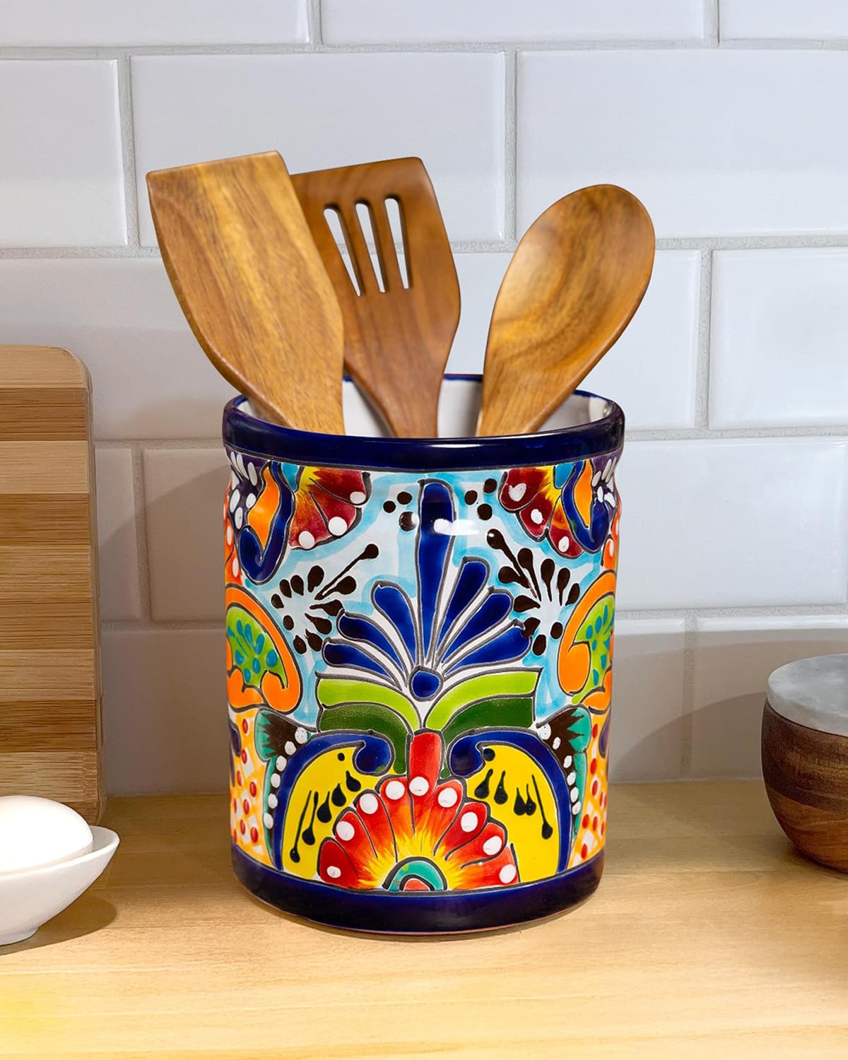 Utensil Holder For Counter, Large Utensil Crock, Talavera Mexican Pottery, Mexican Kitchen Decor, Drawer Organizer, Spoon Holder, Ceramic Mexico Decor for Home Spatula Holder Mexican Vase, Bohemian