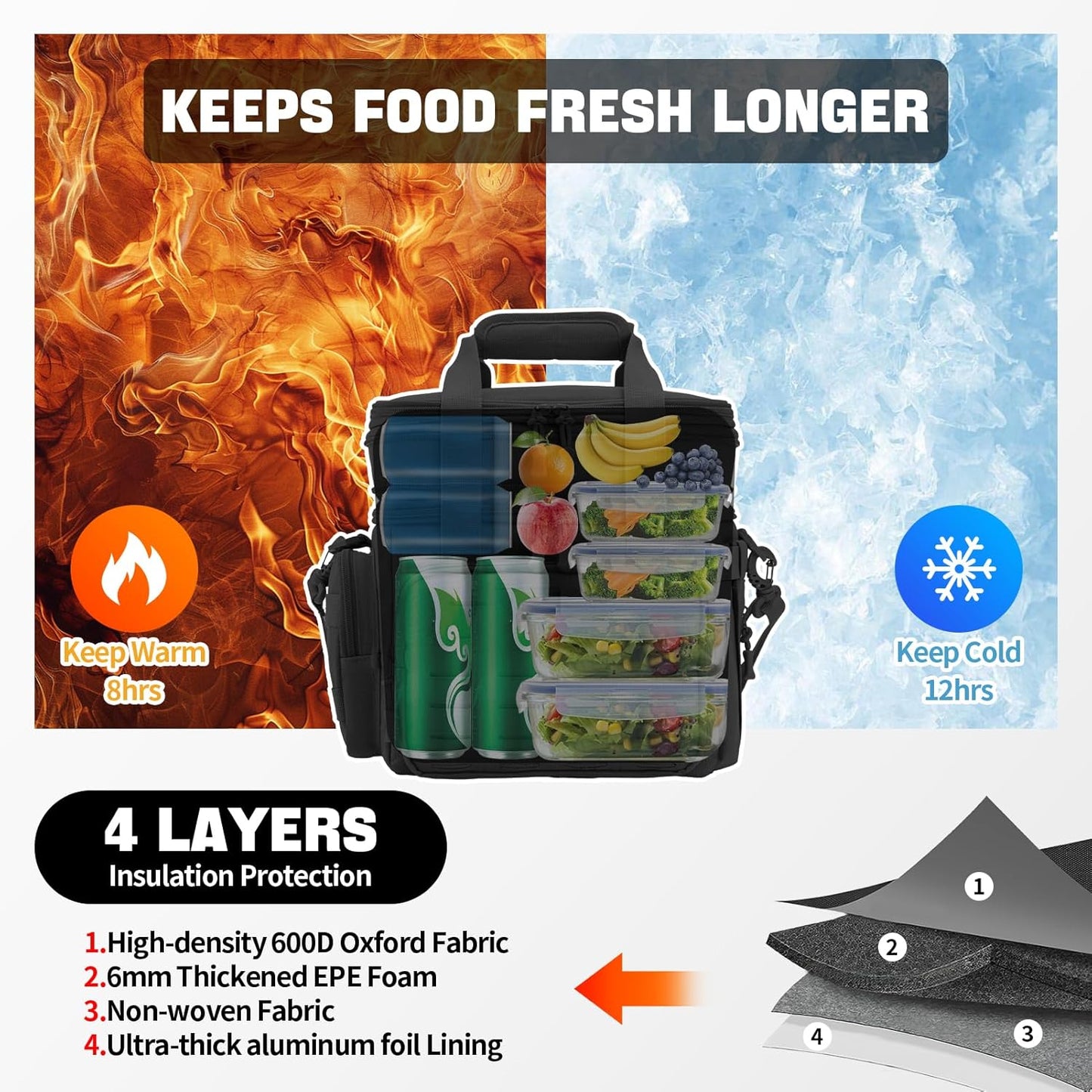 QT&QY Tactical Lunch Box for Men Expandable 18L Heavy Duty Military Insulated Cooler Bag, Leakproof Thermal Lunch Bag for Work Camping Outdoor Picnic Pail Adult Meal MOLLE Webbing Black