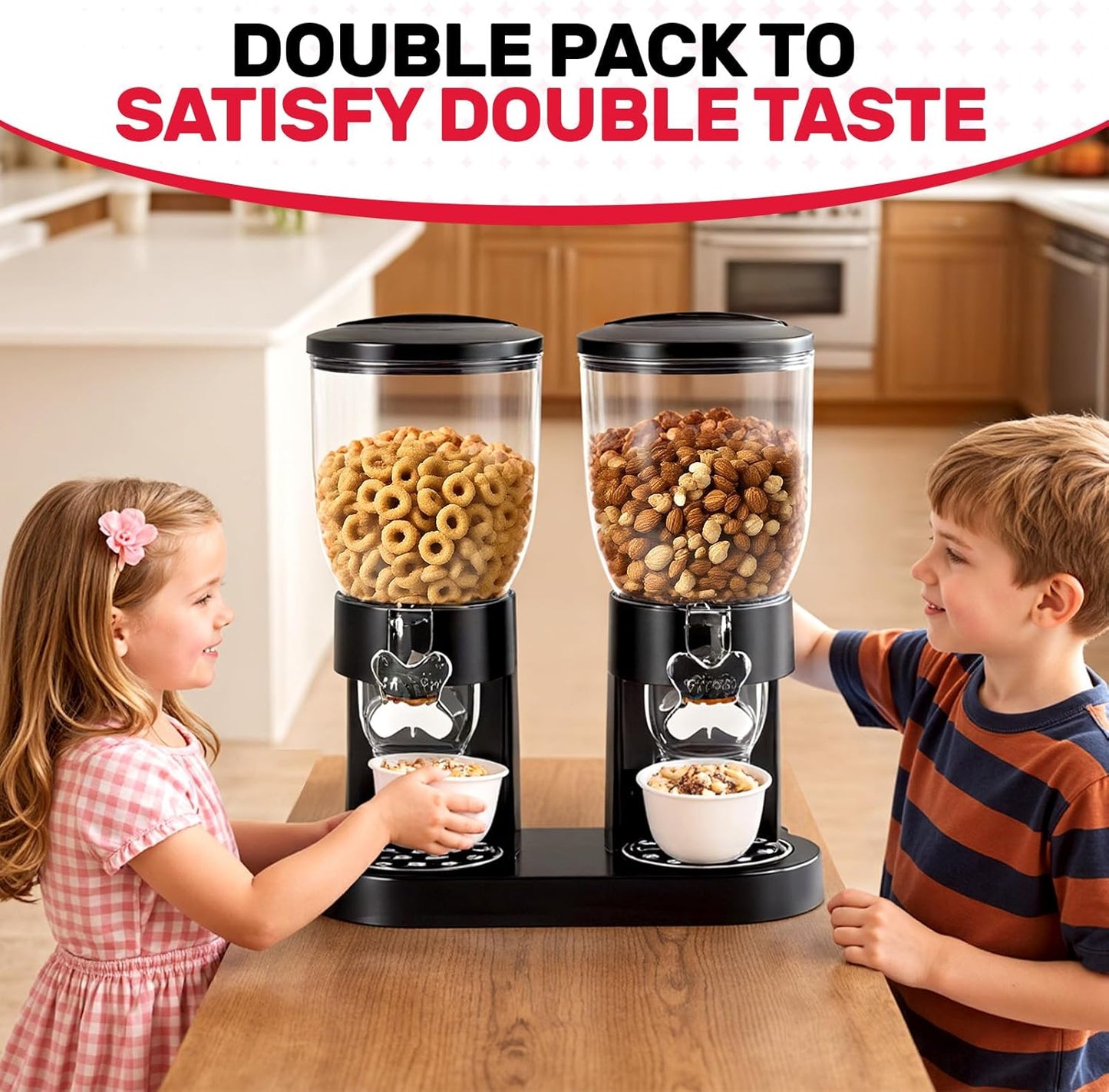 Dual-Control Cereal Dispenser Countertop, 2 Pack 2L Cereal Containers Storage with Airtight Lids, Rotating Dispenser for Pantry, Cereal, Dry Food, Candy, Rice, Grains, Coffee Bean
