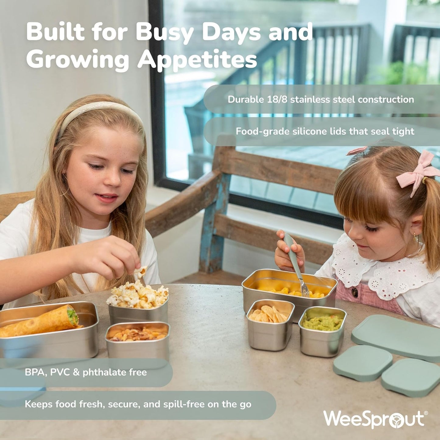 WeeSprout Stainless Steel Lunch Box Set - 750mL & 230mL Food Storage Nested Bento Boxes with Food Grade Silicone Lid - Leak Proof - Freezer Safe (Matte Green)