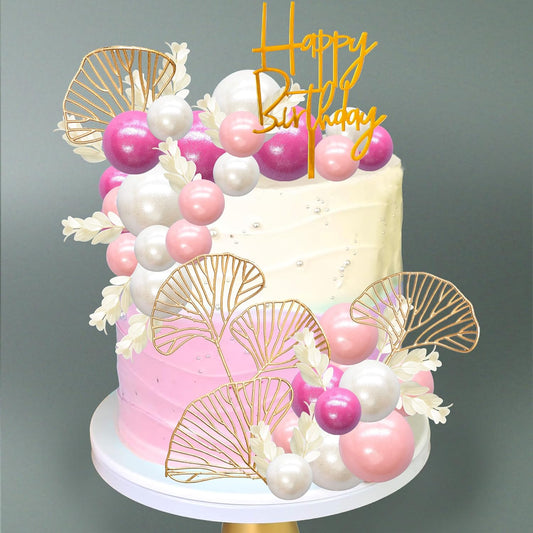 Gyufise 57Pcs Balls Cake Topper Boho Grass Cake topper Pearl Balls Acrylic Happy Birthday Cake Decorations for Wedding Baby Shower Birthday Boho Themed Party Supplies Rose Red