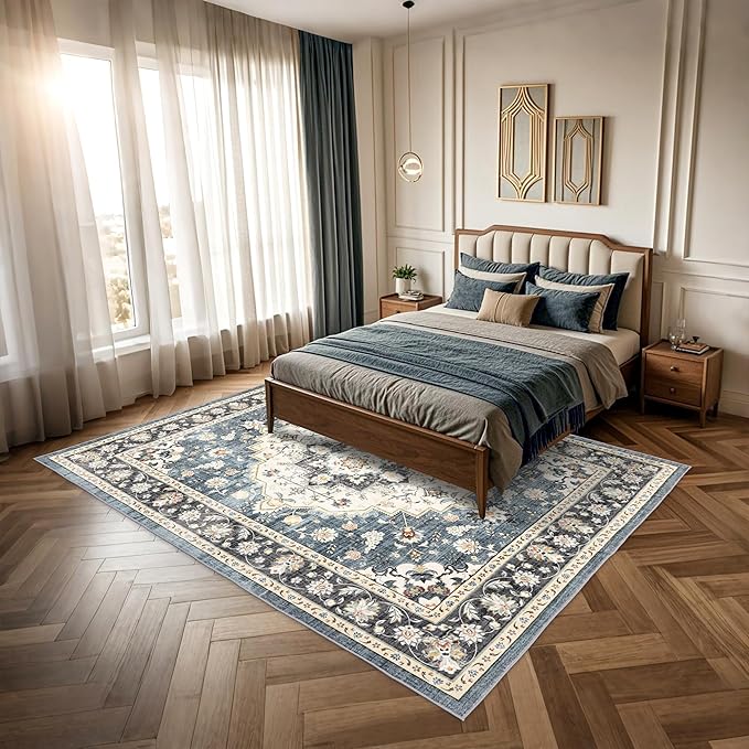 Area Rug for Living Room - Vintage Indoor Machine Washable Rug for Bedroom Dinning Room Floor - Soft Low-Pile Carpet Non-Slip Backing Floral Rugs for Office (Blue/Ivory, 5' × 7')