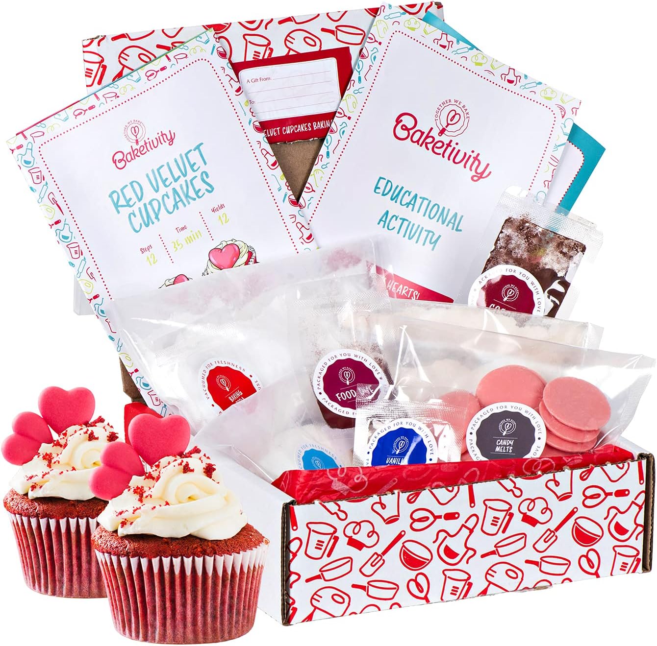 Baketivity Kids Baking Set, Meal Cooking Party Supply Kit for Teens, Real Fun Little Junior Chef Essential Kitchen Lessons, Includes Pre-Measured Ingredients (Baketivity Kit, Red Velvet)