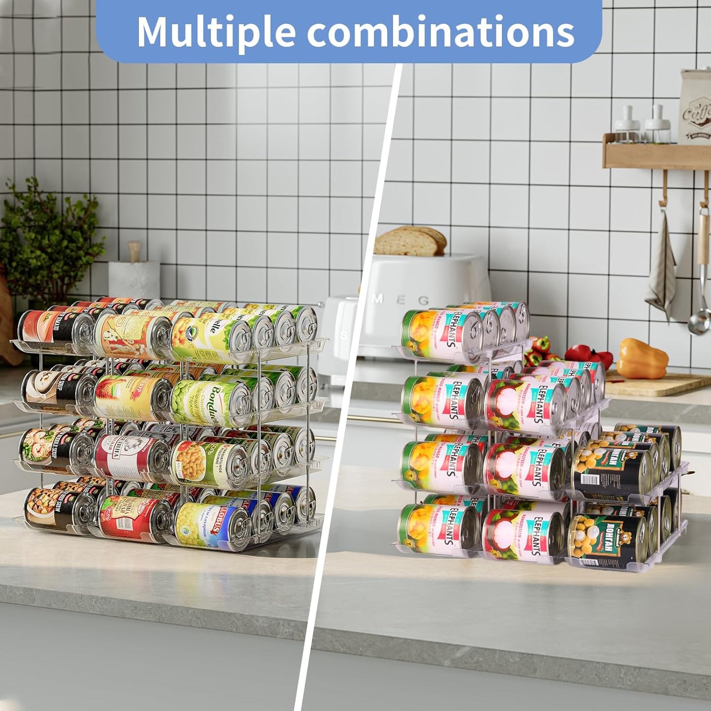 Can Organizer for Pantry Free Combination Can Dispenser,Clear 2 Pack 2 Tier Storage Rack for 48 Cans Suitable for Cabinet Pantry Fridge Countertop (3 * 2)