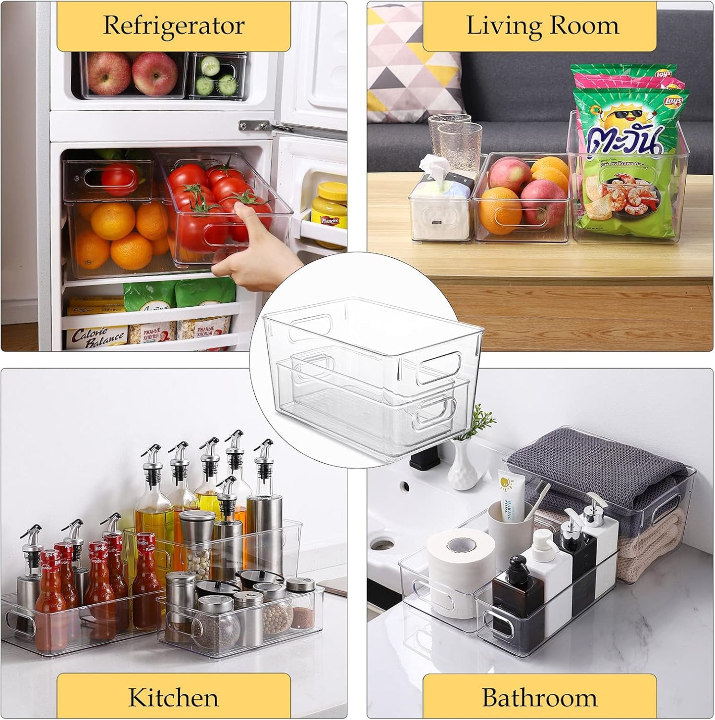 Set Of 6 Refrigerator Organizers and Storage,Stackable Large Clear Plastic Storage Bins with Handle,Freezer Organizer Bins,Perfect for Kitchen Cabinet Pantry Snack Containers,Closet Organization