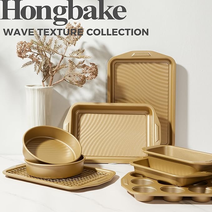 HONGBAKE 9-Piece Baking Pans Set with Wave Texture for Reduced Oil, 0.8mm Thick Bakeware Sets Non Stick, Includes Stackable Cookie Sheets for Oven Cooking, Cake Pan, Muffin Pan, Loaf Pan, Rack, Gold