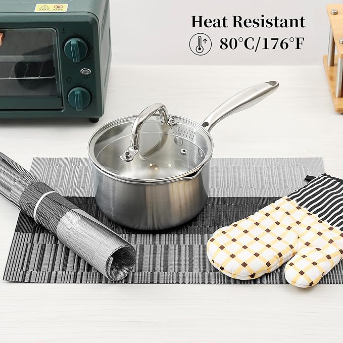 Leetaltree Grey with White Striped Placemats Set of 6 - Heat Resistant Non-Slip Place mats for Dining Table, Washable Durable PVC Vinyl Woven Table Mats（Grey Stripe, 6）