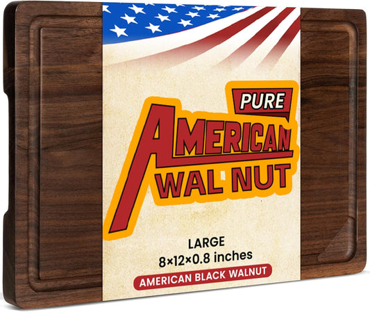 Heimlove American Walnut Cutting Board, 12" x 8" Wooden Cutting Boards for Kitchen Reversible Wooden Chopping Board With Juice Grooves and Handles Pre-Oiled, Ideal Gift for Valentine's Day, Weeding