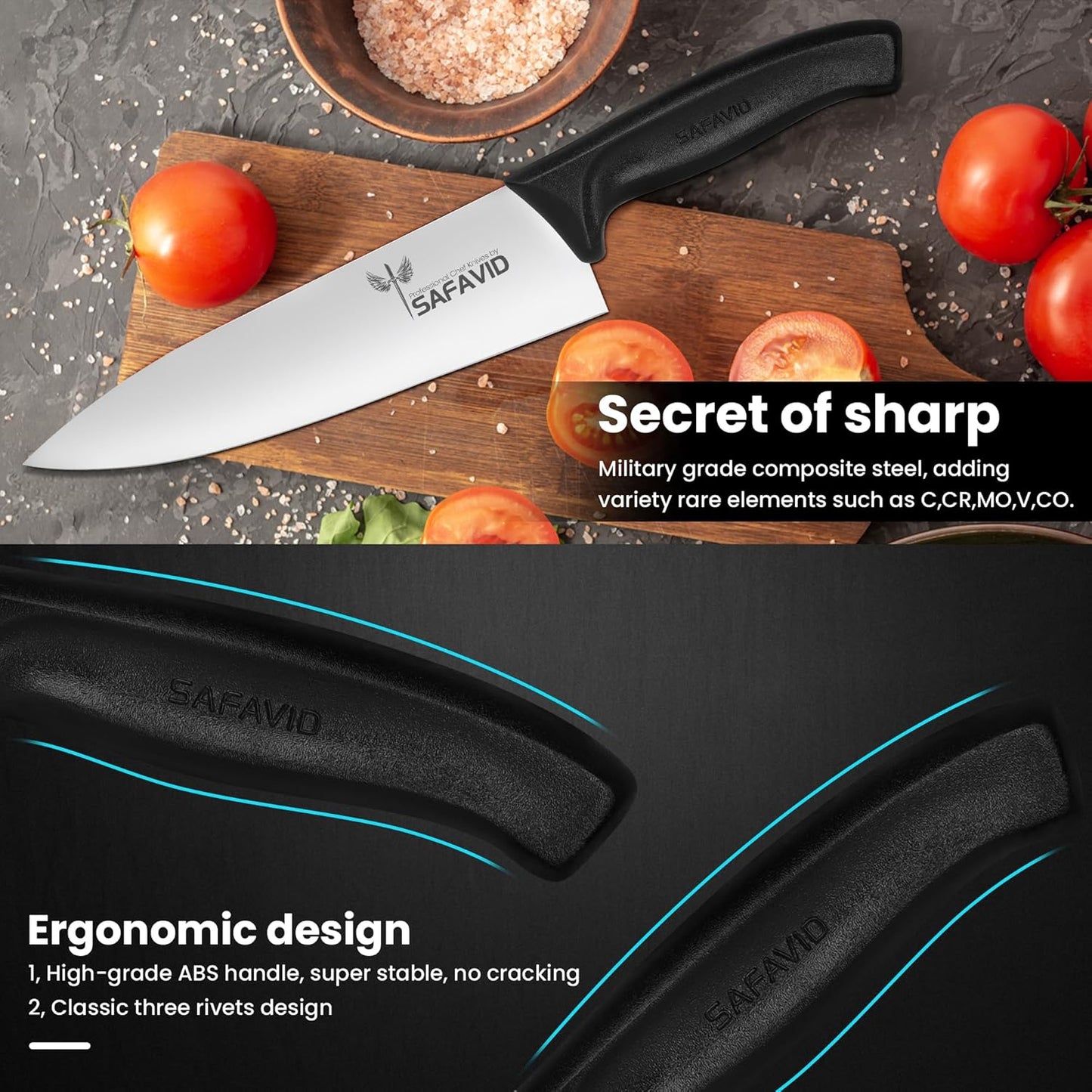 Crystal Edge German tech Chef Knife – Ultra Sharp German Stainless Steel Blade, Ergonomic Handle, Precision Cutting, Professional Kitchen Knife for Slicing, Chopping & Mincing
