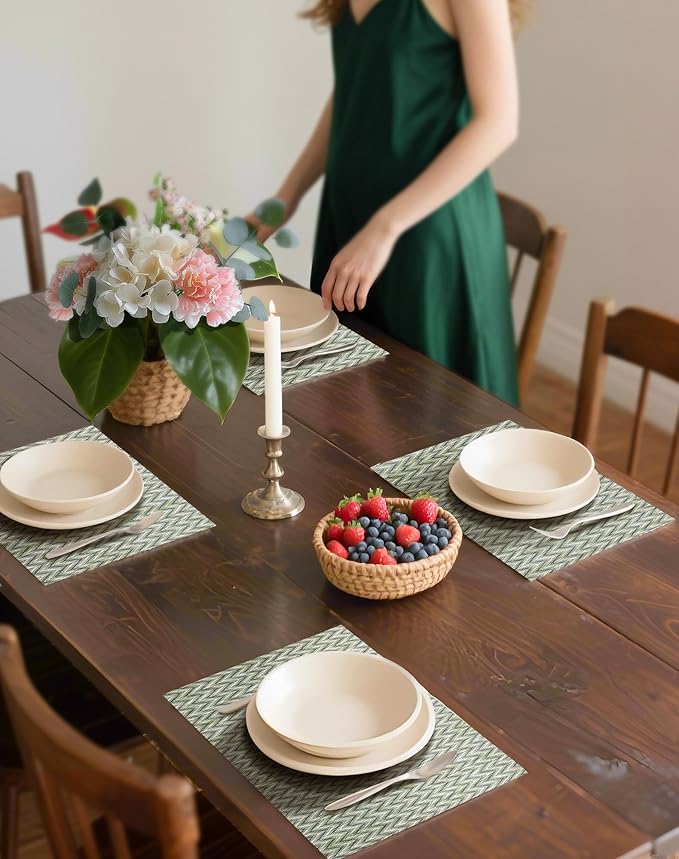 Leetaltree Green Placemats Set of 12 - Heat Resistant Non-Slip Place mats for Dining Table, Washable Durable PVC Vinyl Woven Table Mats（Green Zigzag, 12）