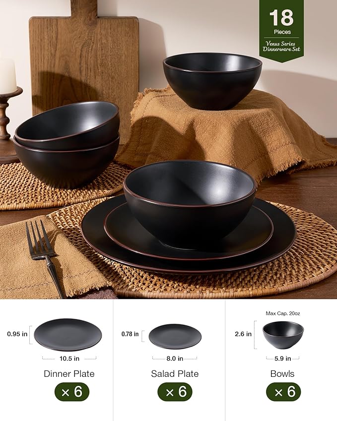Famiware Venus Plates and Bowls Sets, 18 Pieces Stoneware Dinnerware Sets, Dishes Set for 6, Microwave and Dishwasher Safe, Matte Black