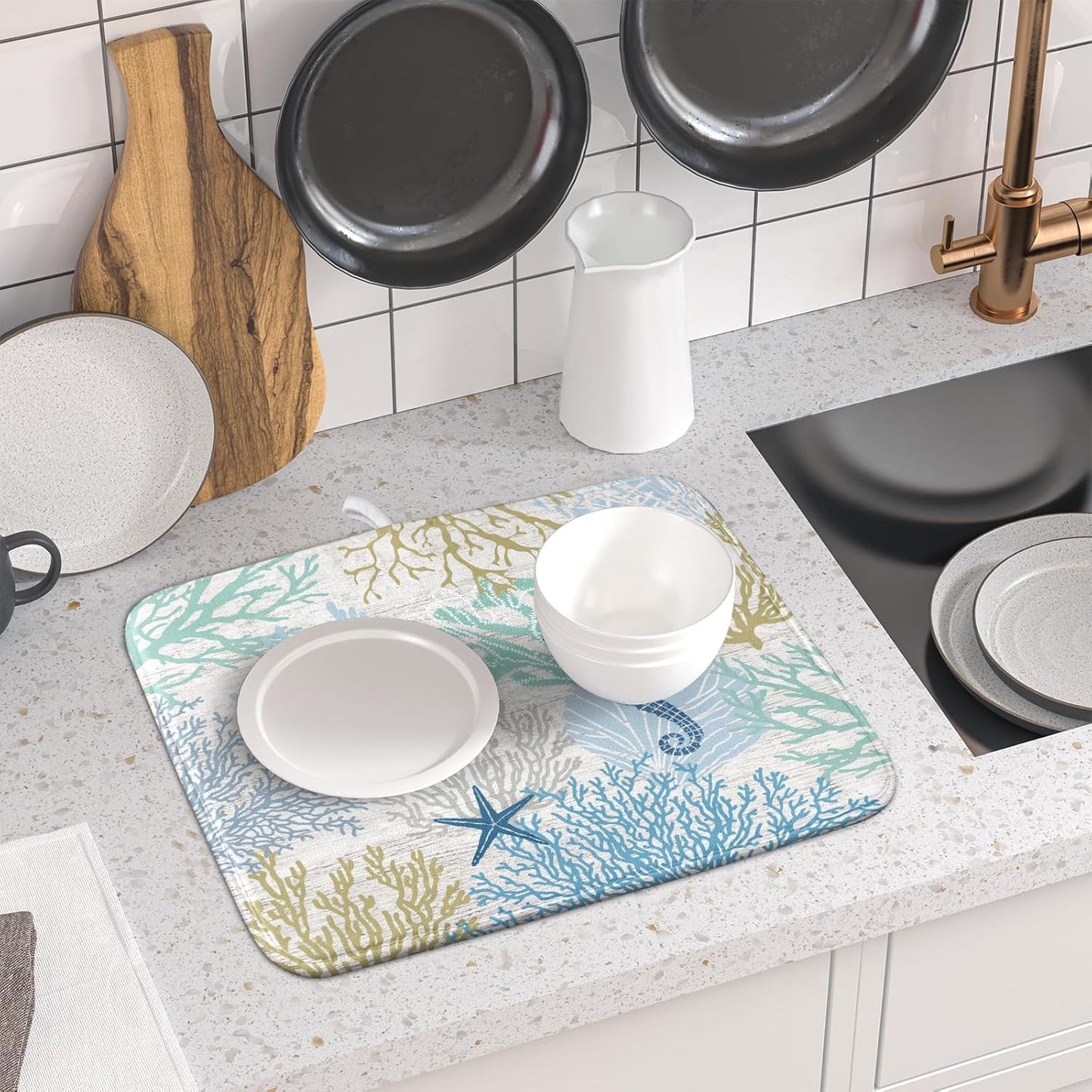 Blue Coral Dish Drying Mat Coastal Starfish Dishes Pad Hanging Drainer Mats Reversible Absorbent Kitchen Counter Protector 16x18 Inch