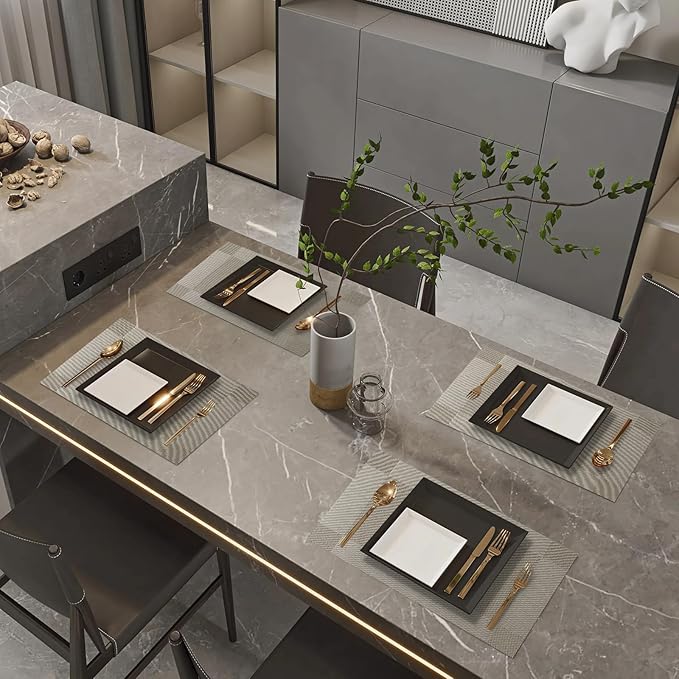 Silver Grey Placemats Set of 6-Durable PVC Vinyl Woven Place Mats for Dining Table Heat Resistant Non-Slip Washable Indoor/Outdoor Table Mats 12 x17 inch