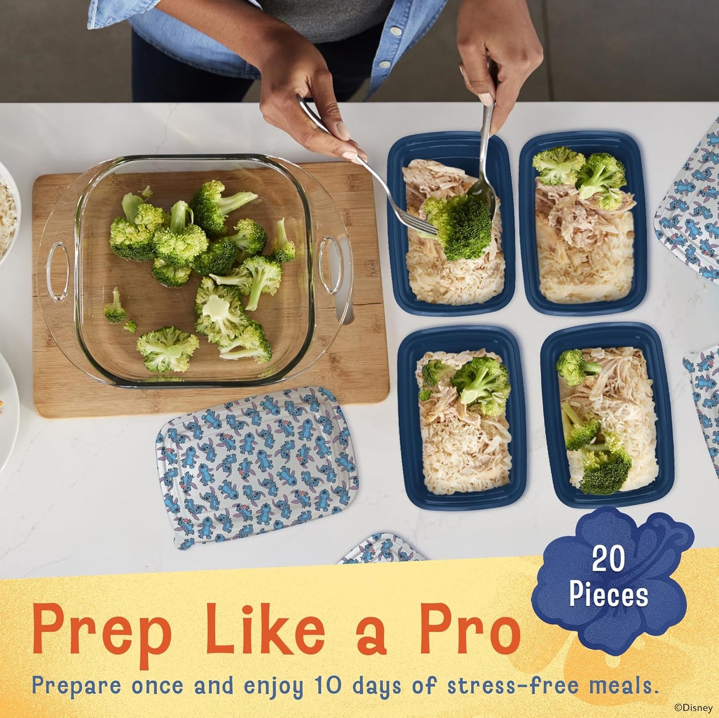 Disney Meal Prep Containers - 20-Piece Reusable Food Containers with Lids - Freezer, Microwave & Dishwasher Safe - Featuring Mickey & Minnie, Lilo & Stitch