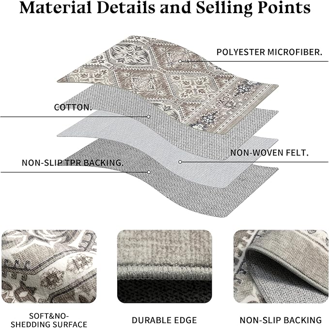 Area Rug for Living Room - 8x10 Boho Vintage Taupe Neutral Washable Rug for Bedroom Dinning Room - Soft Low-Pile Oriental Carpet Non-Slip Tan Rugs for Office - Soft Brown