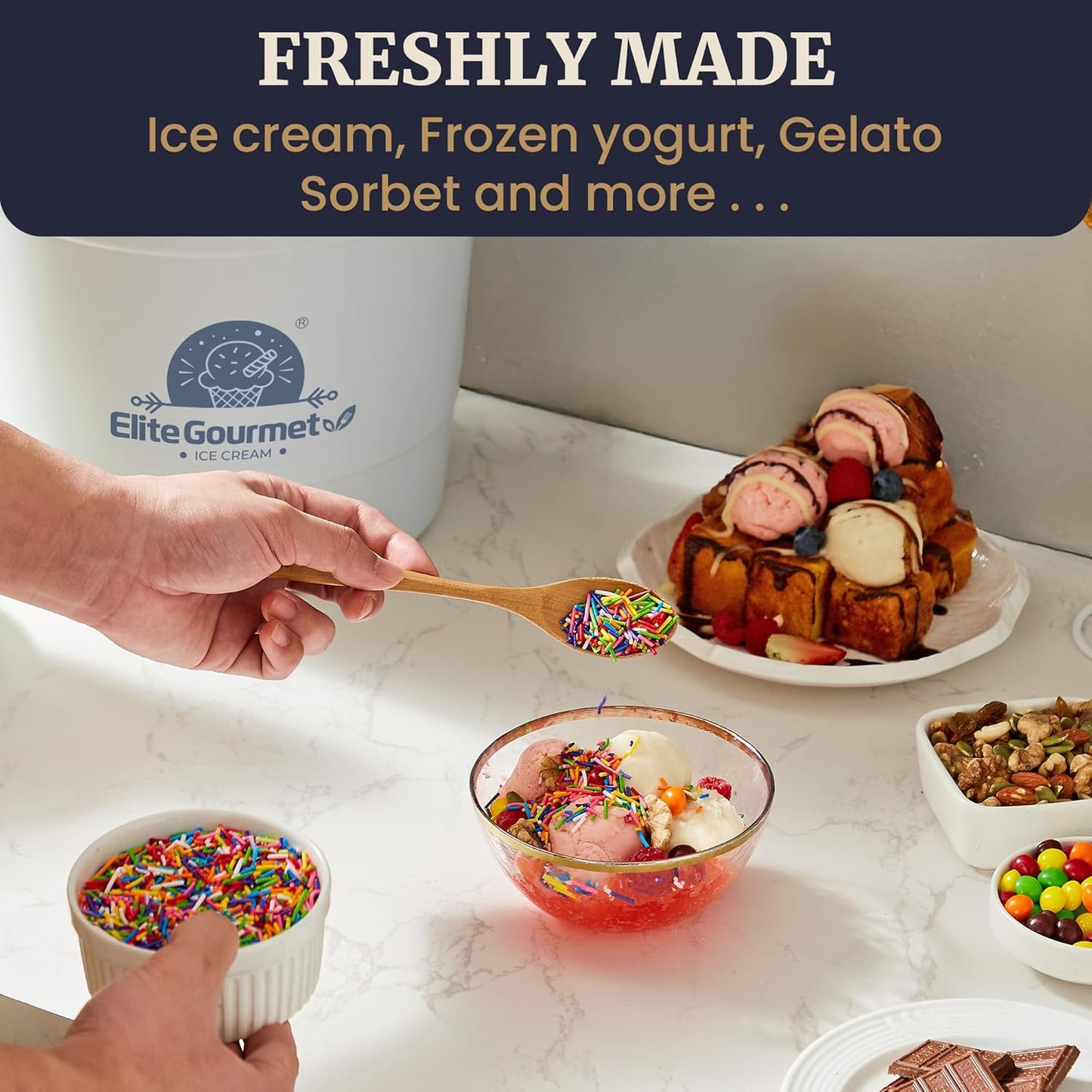 Elite Gourmet 4Qt Electric Ice Cream Maker EIM350X Delicious Homemade Ice Cream, Gelato, Sorbet, Frozen Yogurt, 4Qt Aluminum Freezing Cannister, Durable Plastic Ice Bucket, Powerful 50W, Periwinkle