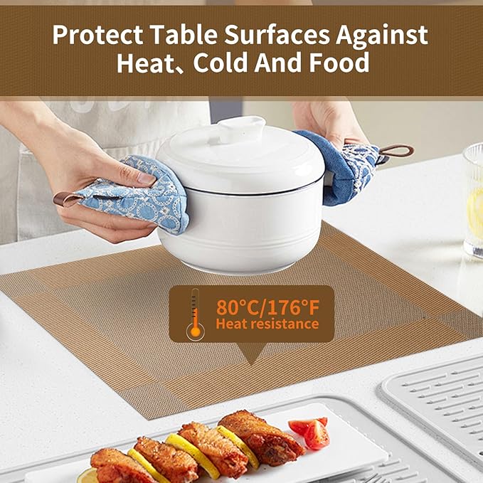 Brown Placemats Set of 6-Durable PVC Table placemats,Vinyl Woven Place Mats for Dining Table Heat Resistant Non-Slip Washable Indoor/Outdoor Table Mats 12 x17 inch