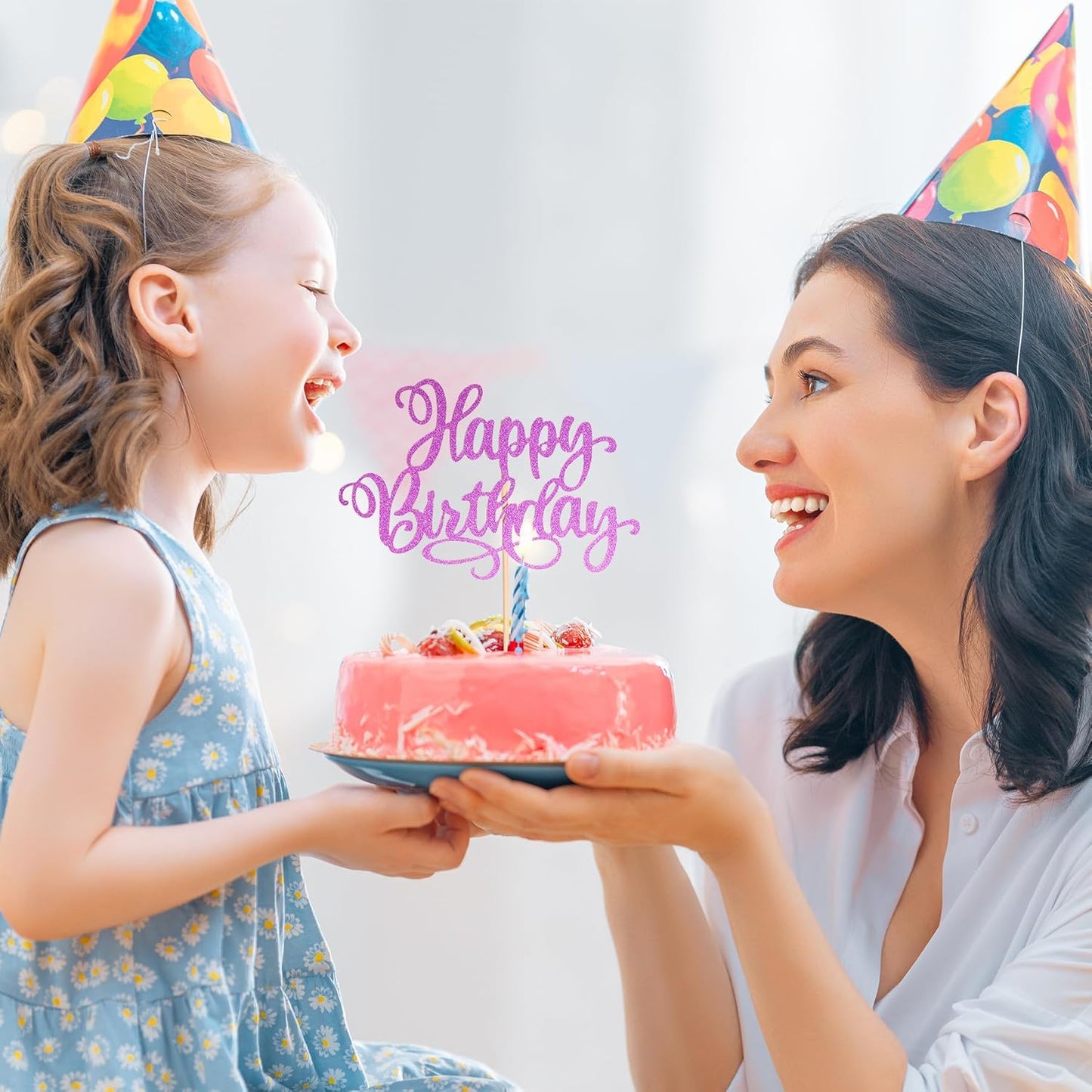 Happy Birthday Cake Toppers 9 Inch Glitter Happy Birthday Cake Pick for Birthday Anniversary Theme Party Cake Decorations Supplies - Rose Red