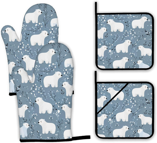 Cute Polar Bear Oven Mitts and Pot Holders,Winter Heat Resistant Oven Mitts Gloves and Pot Holder for Home Kitchen Decorations Cooking Baking BBQ Gifts,Set of 4