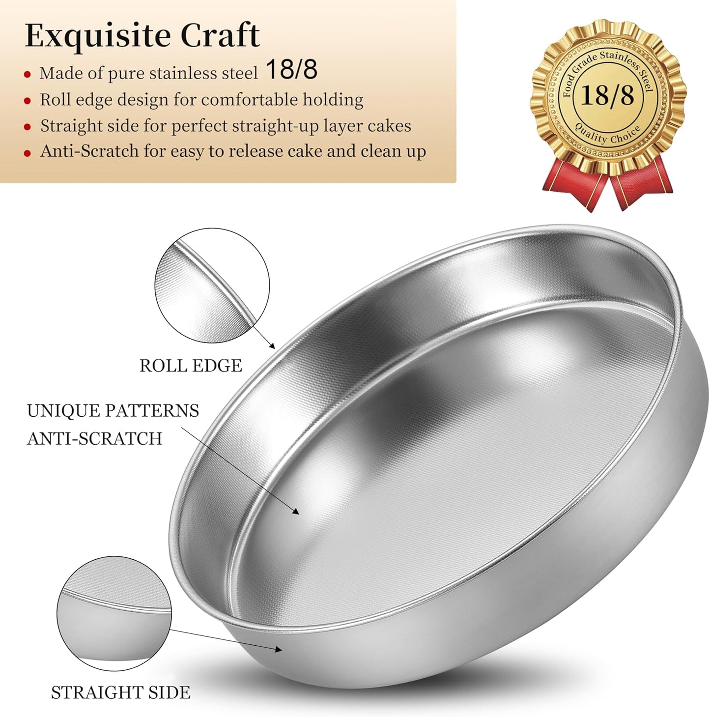 Inqibee Round Cake Pan Set of 2,18/8 Stainless Steel Round Cake Baking Pans,8-9.5 Inch,Physics Anti-Stick and Scratch,Non-Toxic and Easy to Clean