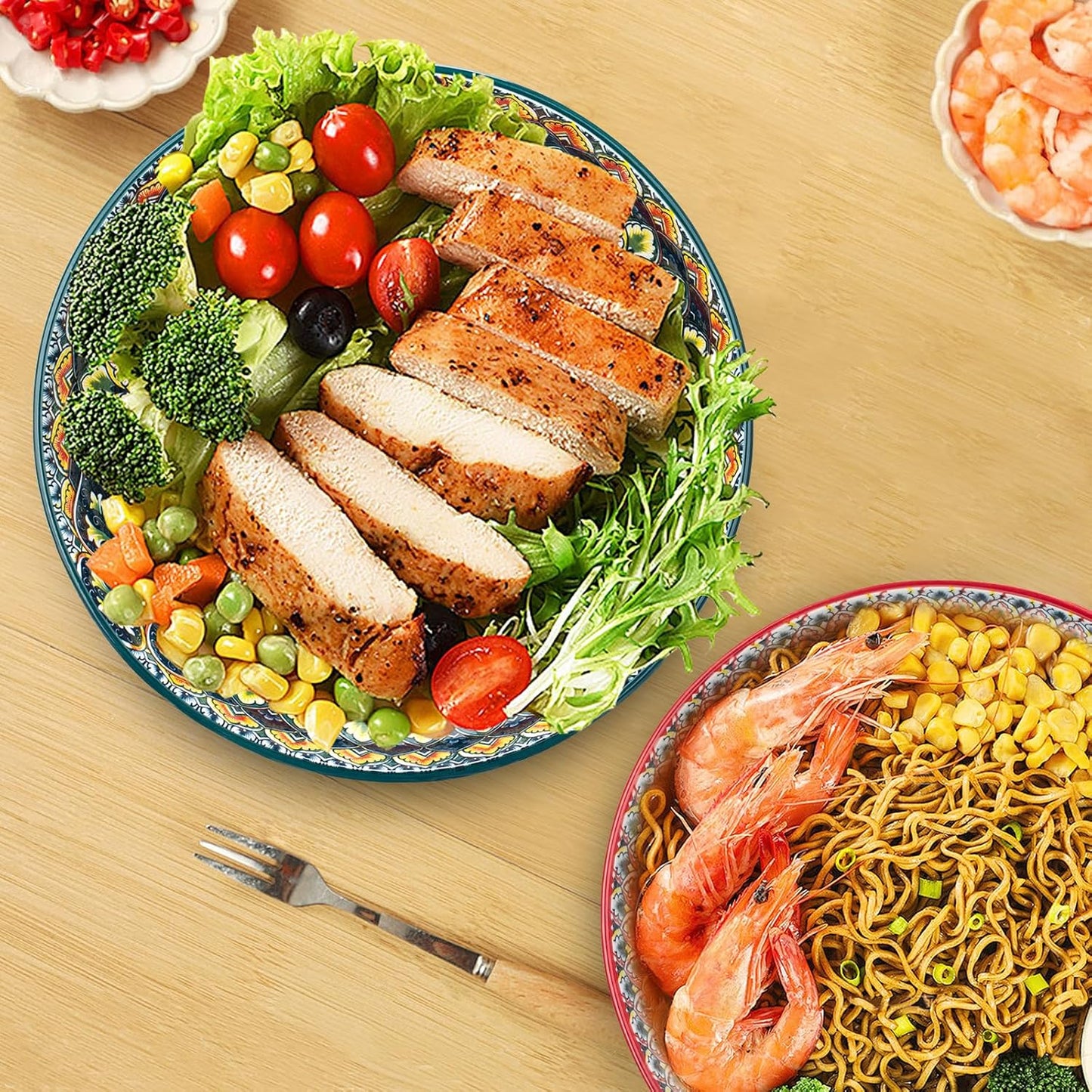 Large Serving Bowls, 75 Oz Fruit Salad Bowls Set of 2, Bohemian Style Large Porcelain Dishes for Entertaining Parties,Big Bowls for Salad, Pasta, Fruit, Chips, 10.3 Inch Diameter (green.green)