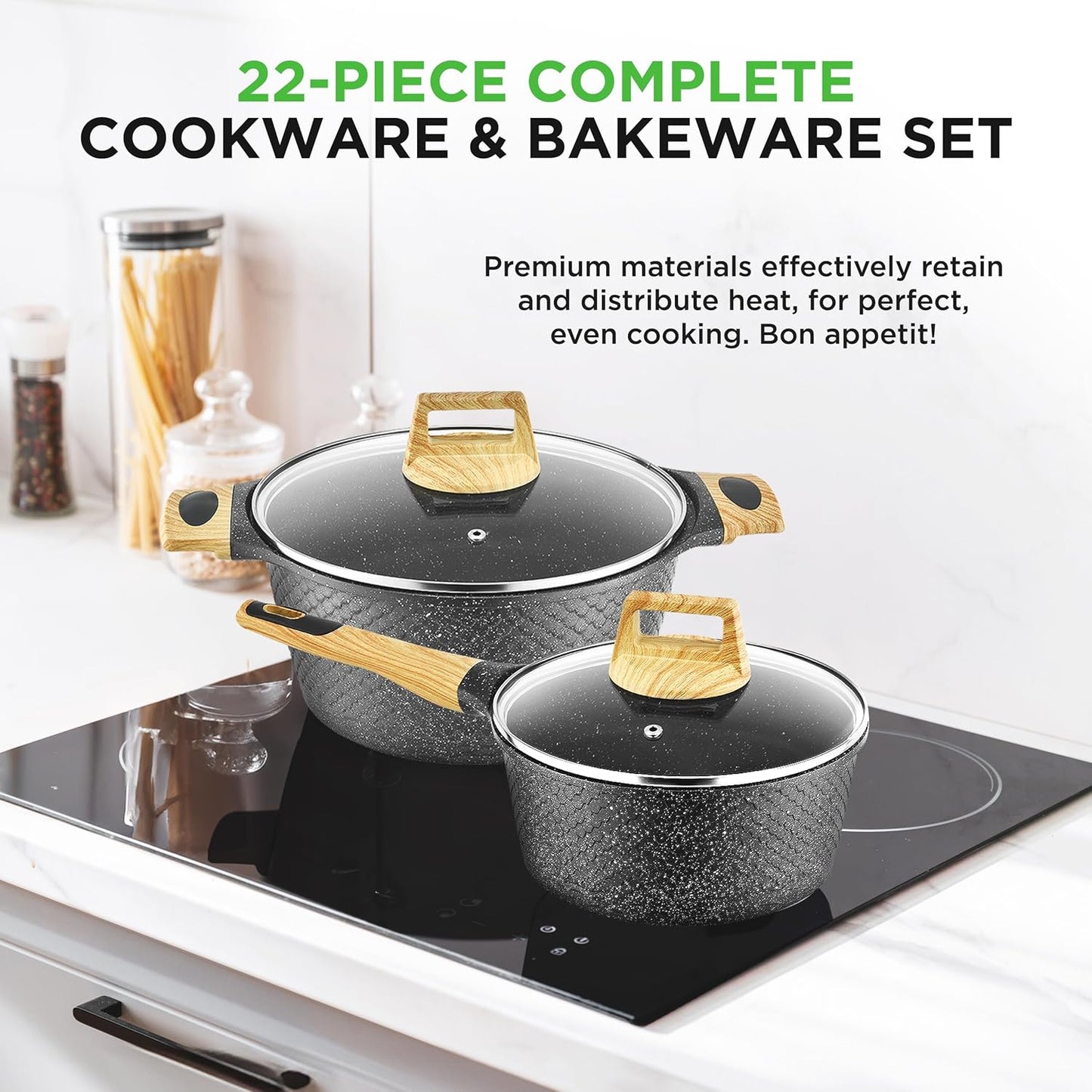 NutriChef 22-Piece Black Marble Non-Stick Cookware and Bakeware Set - Professional Home Kitchen Collection with Multi-Sized Pots, Pans, and Heat-Resistant Tools