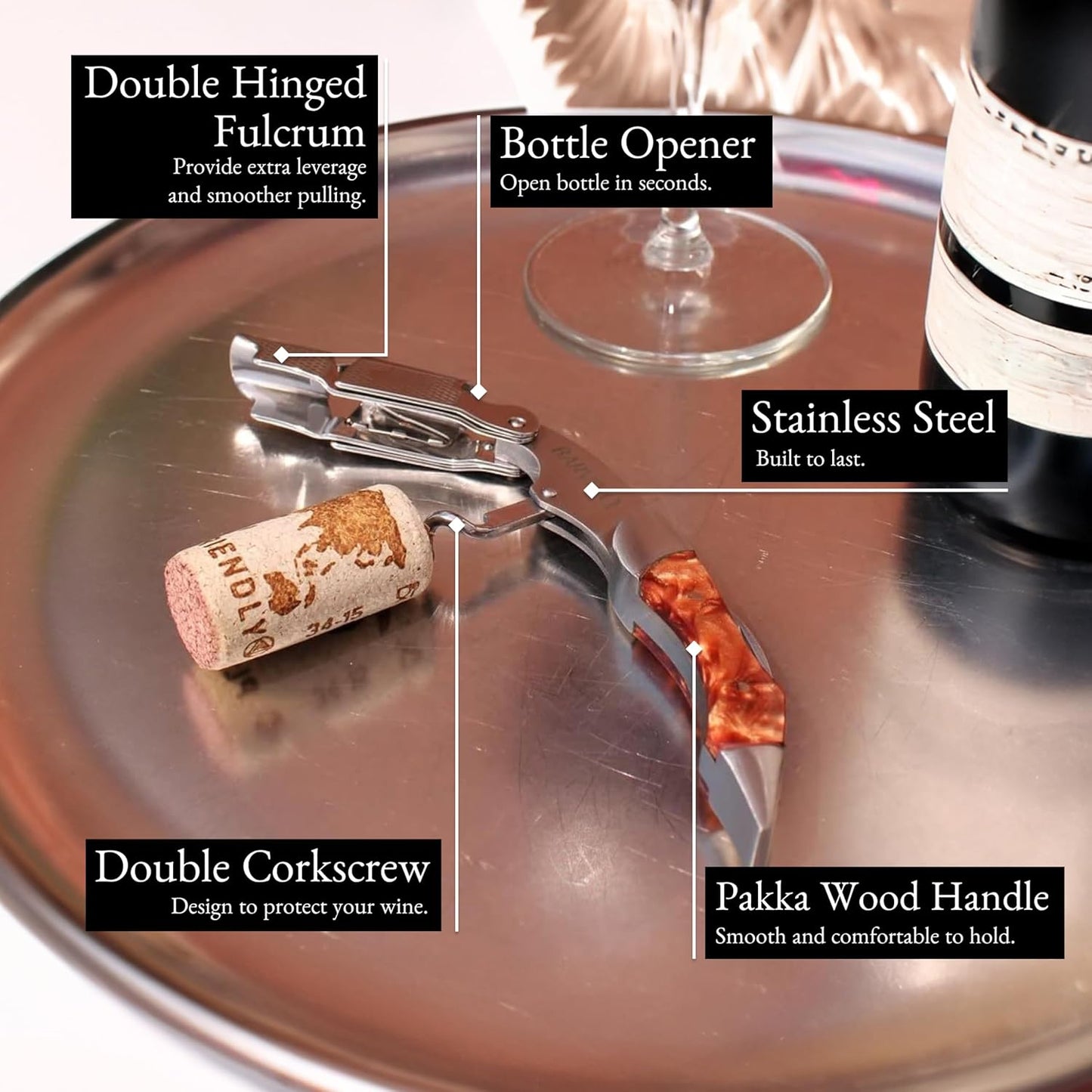 Barvivo Gold Resin Wine Opener with Foil Cutter Knife and Cap Remover, Double Hinged Manual Wine Key for Bartenders, Servers, Waiters, Stainless Steel Wine Bottle Opener Corkscrew