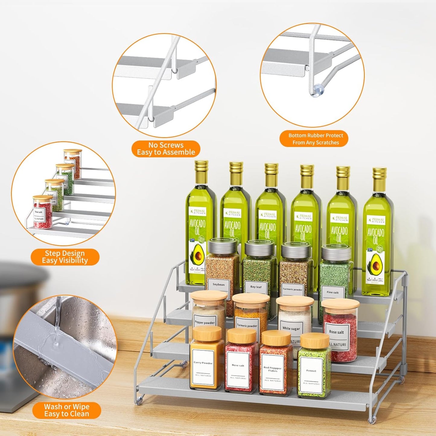 RCHYFEED 4 Tier Spice Rack Organizer, Spice Organization for Cabinet,Pantry, Countertop,Tiered Spice Rack Easy Visibility,Depth Expandable Seasoning Shelf for Kitchen Cabinet Organizer,Silver,2 PACK