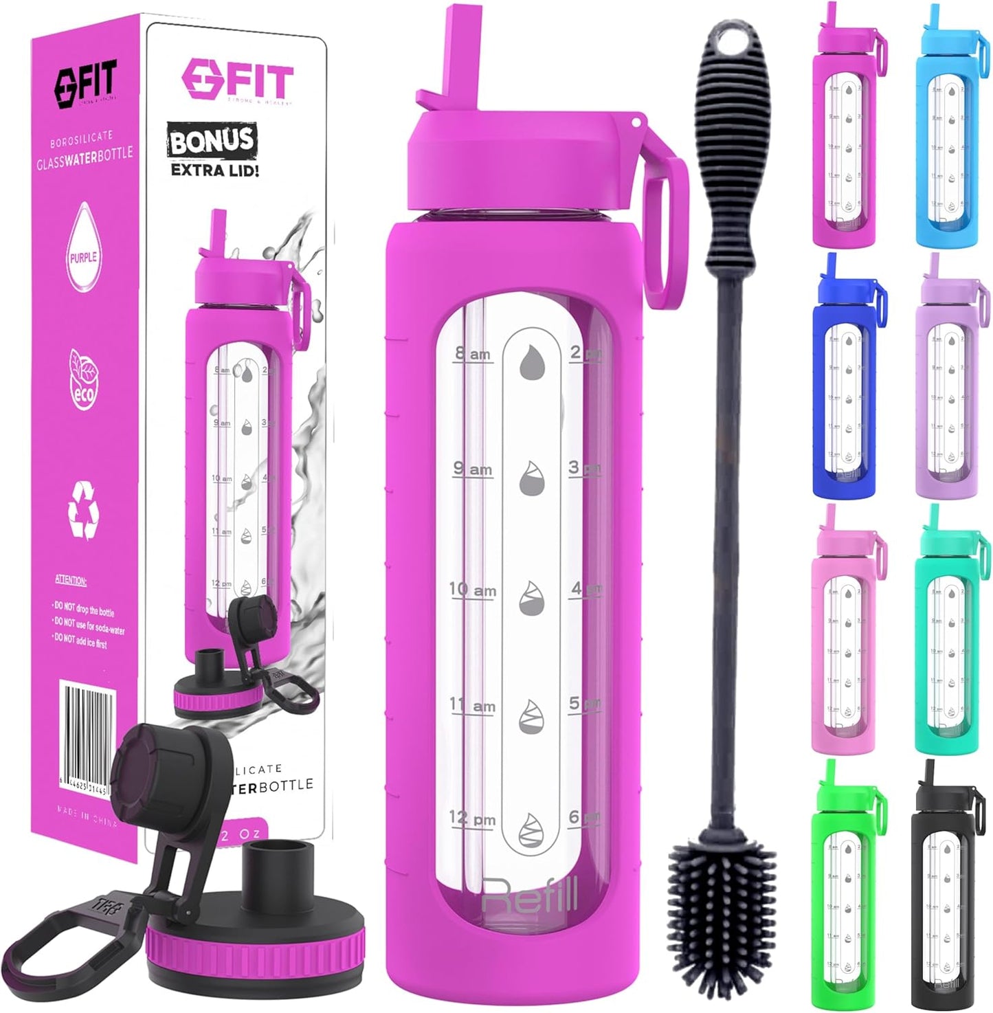 FIT Strong & Healthy 32 oz Glass Water Bottle with Straw Lid, Time Marker, Sleeve & Extra Lid - Motivational, Wide Mouth 1 Liter Glass Drinking Bottle