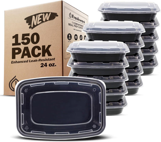 Freshware Meal Prep Containers [150 Pack] 1 Compartment with Lids, Food Storage Containers, Bento Box, BPA Free, Stackable, Microwave/Dishwasher/Freezer Safe (24 oz)