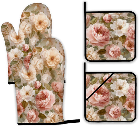 Pink Roses Oven Mitts and Pot Holders Set,Peony Flower Kitchen Oven Gloves and Pot Holder with Heat Resistant Non Slip for Cooking Baking Grilling(4 Piece Set)