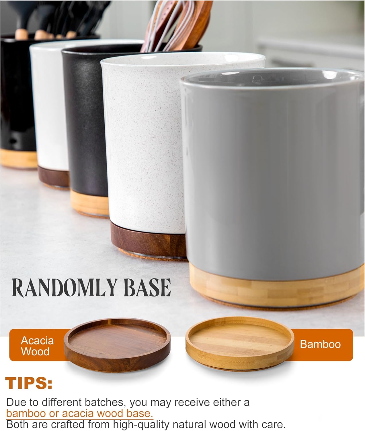 Nucookery 360°Rotating Utensil Holder, 7.2" Kitchen Utensil Crock, Ceramic Cooking Utensil Organizer with Countertop-Protection Cork Bottom for Farmhouse Kitchen Decor Christmas (Yellow Sand)