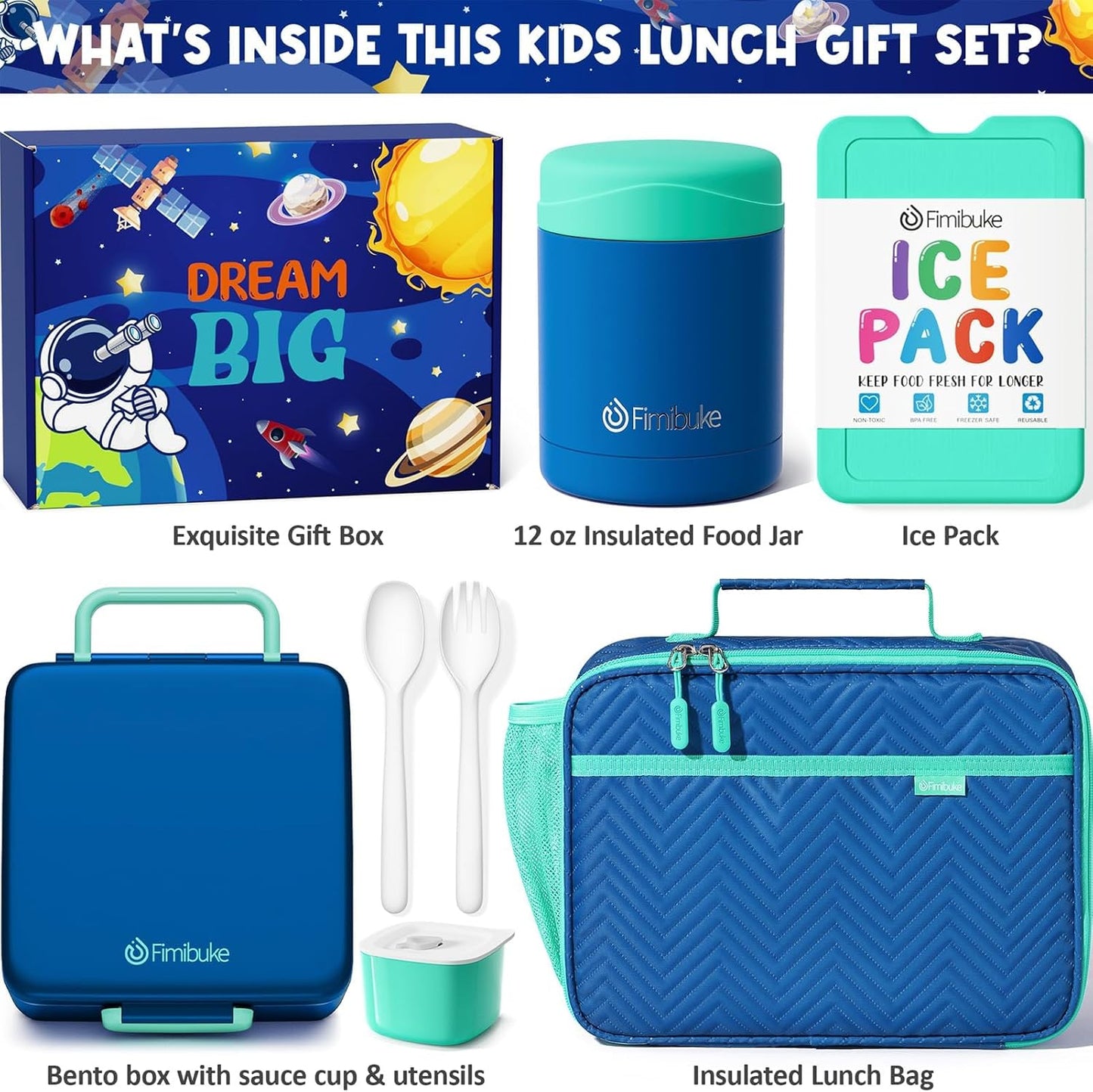 Fimibuke Kids Bento Snack Lunch Box with 4 Compartment, Insulated Bag, Stainless Steel Vacuum Thermos Food Jar, Ice Pack, Utensils Set, Birthday Gift for Age 3-12 Back to School Toddler Girl Boy Adult