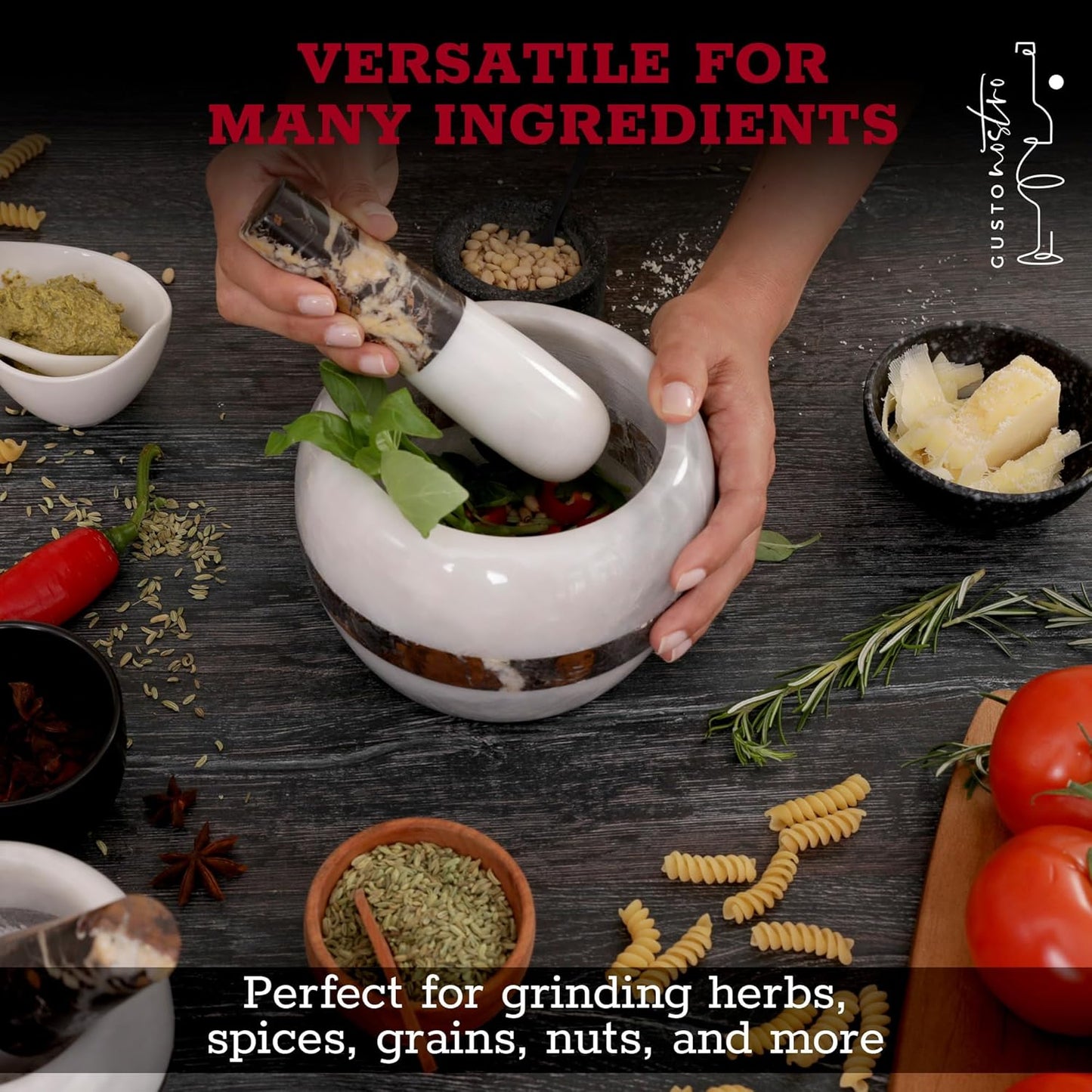 Gusto Nostro Natural Marble Mortar and Pestle Set | 6 Inch - 3.5 Cup Extra Large Mortar Pestle Set for Grinding Herbs, Nuts, Grains | Pesto Grinding and Guacamole Stone Bowl | Marble Spice Crusher