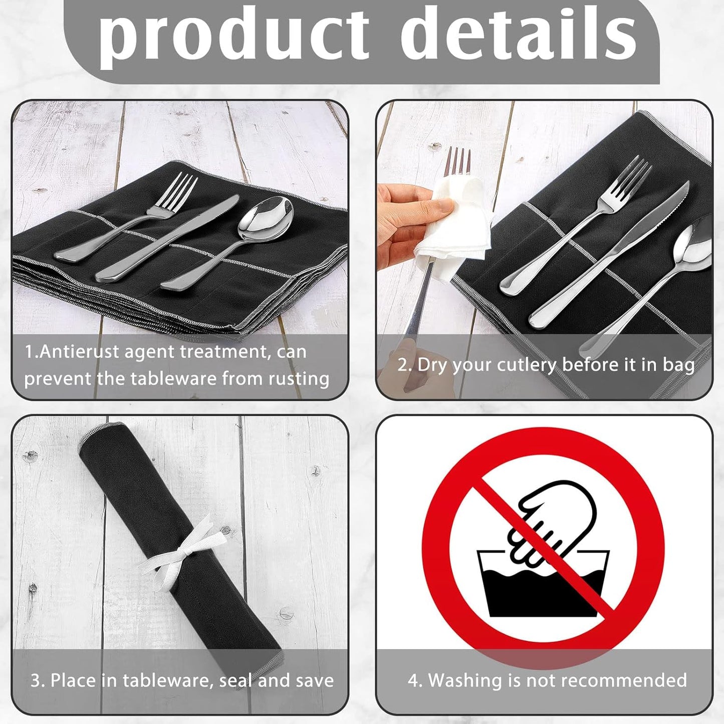 Hillban 18 Pcs Anti Tarnish Silver Storage Bags Silver Storage Cloth Felt Flatware Organizer Anti Tarnish Protector Bags Place Setting Roll with White Ribbon for Kitchen Cutlery Utensils (Black)