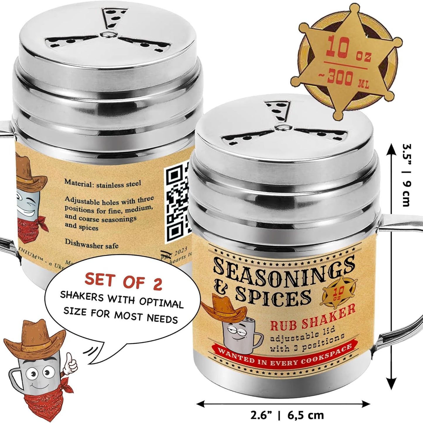 CUSINIUM [Pack of 2] 10 oz Seasonings Spice Shakers - BBQ Dry Rub Shakers - Cooking Dredge with Adjustable Fan-Style Lid and Handles