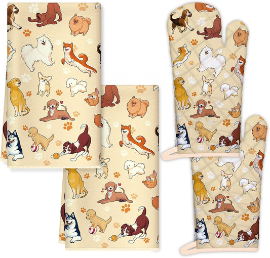 Cute Dogs Kitchen Towels and Oven Mitts Set 4Pcs, Soft Absorbent Dish Cloth Heat Resistant Oven Gloves for Cooking Baking Kitchen Decoration, Gifts for Her